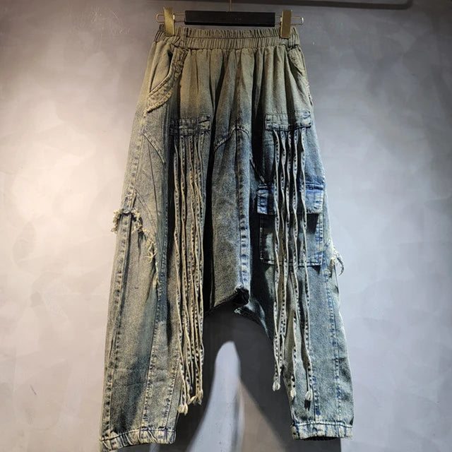 Loose High Elastic Waist Wide Leg Denim Pants