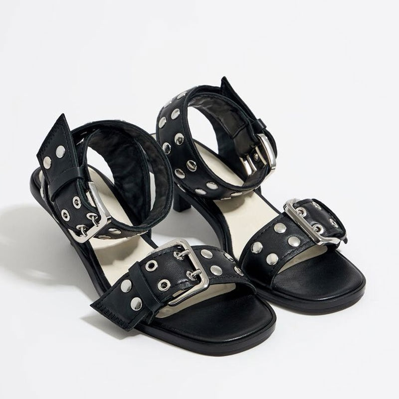 Wide Rivet Strap Mid-Heel Sandals