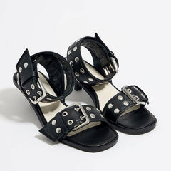 Wide Rivet Strap Mid-Heel Sandals