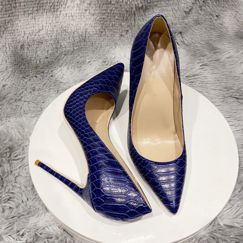 Navy Crocodile Pattern Pointed-Toe Pumps Shoes