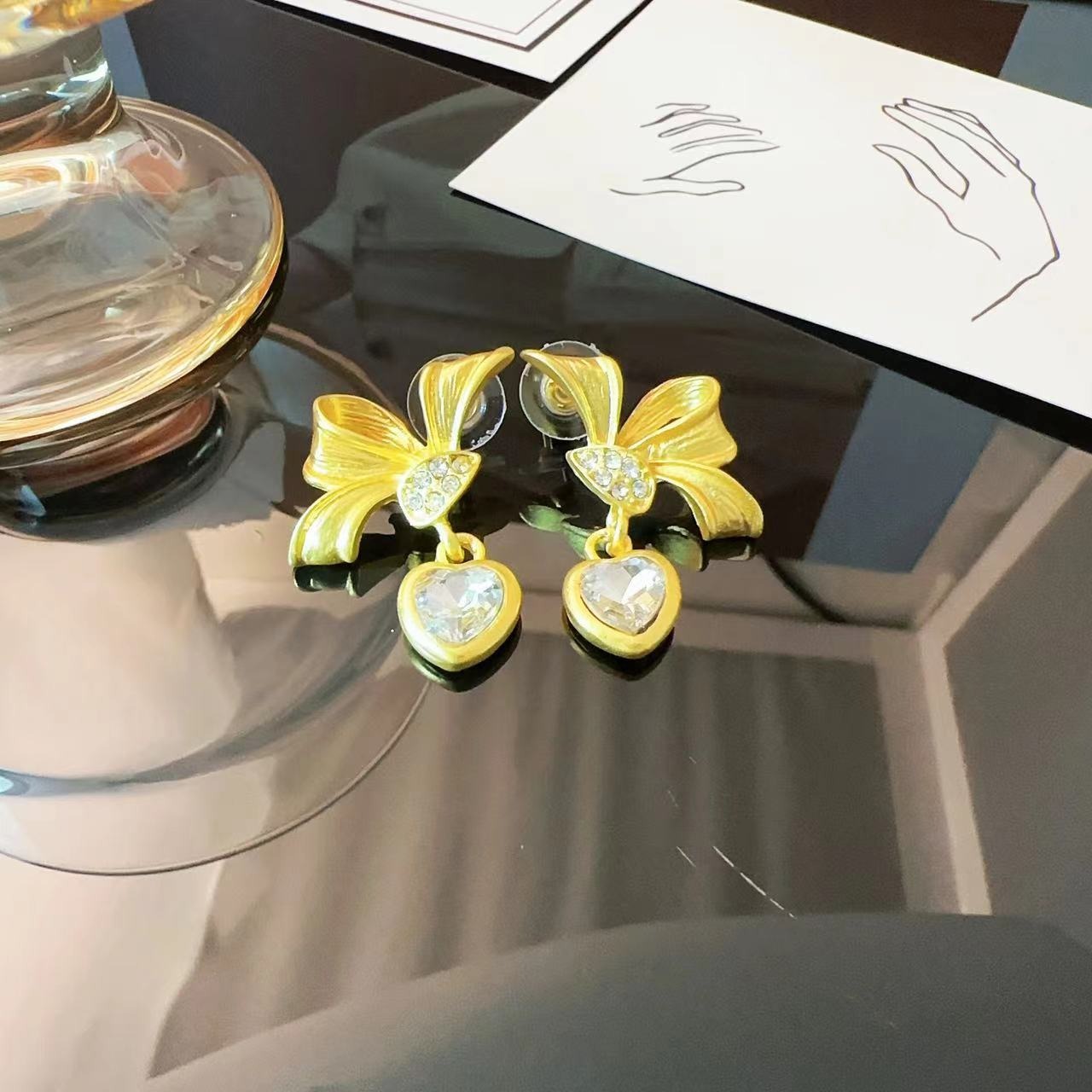 Vintage Bow Heart-Shaped Rhinestone Earrings