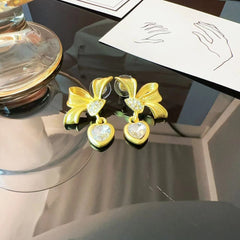 Vintage Bow Heart-Shaped Rhinestone Earrings