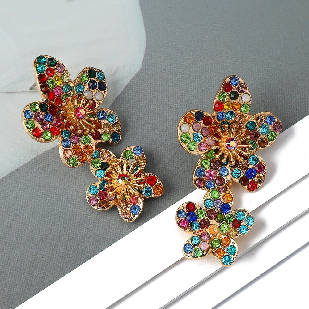 Double Flower Diamond Retro Earrings