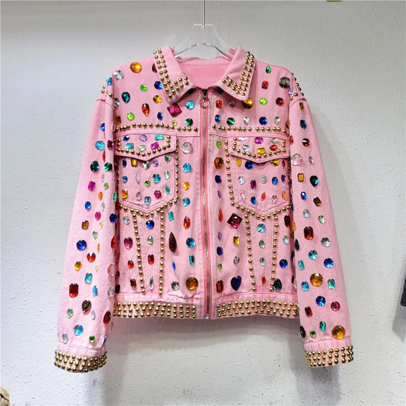 Rivet Beaded Diamond Pink Denim Loose Jacket