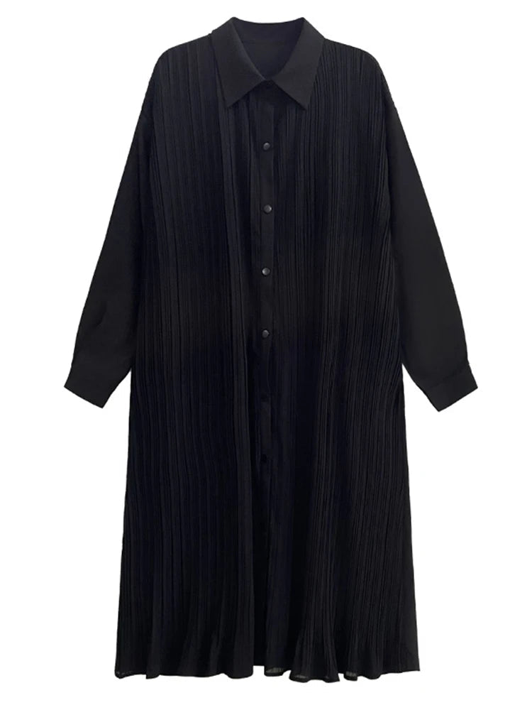 A-Line Pleated Midi Long Sleeved Large Shirt Dress