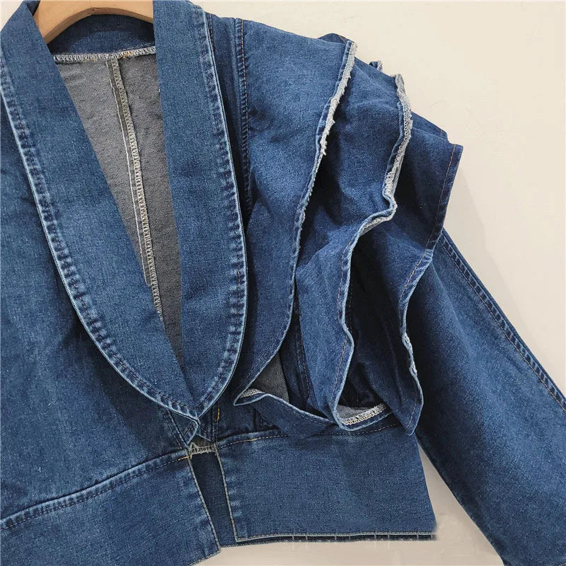 V-Neck Ruffle Edge Denim Jacket