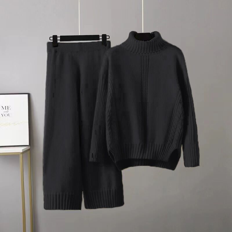 Casual Thick Turtleneck Knit Sweater + Wide Leg Knit Pants