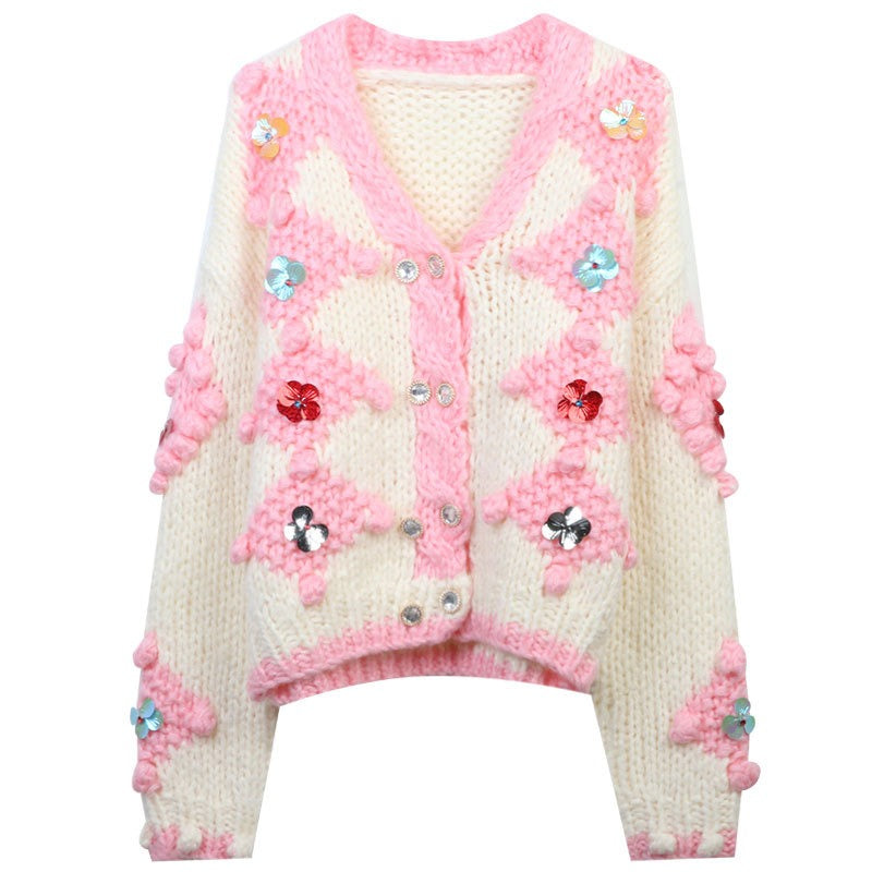 Color Block Hand Hooked Floral Sequin Knit Cardigan