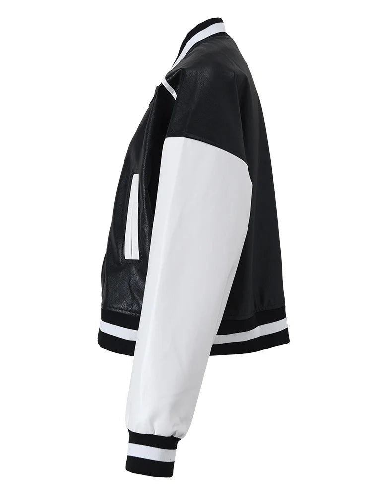 Casual Colorblock Vegan Leather Varsity Jacket