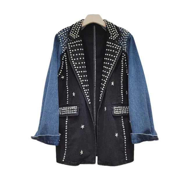 Rivet Diamond Denim Spliced Loose Jacket