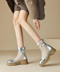 Fashion Silk Chunky Cowhide Leather Breathable Mesh Splicing Boots