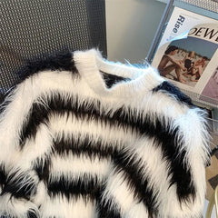Stripes Faux Fur Loose Sweater