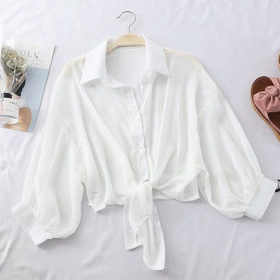 Casual Chiffon Waist Tie Shirt
