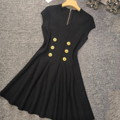 Six Buttons V-Neck High Waist Knit Dress