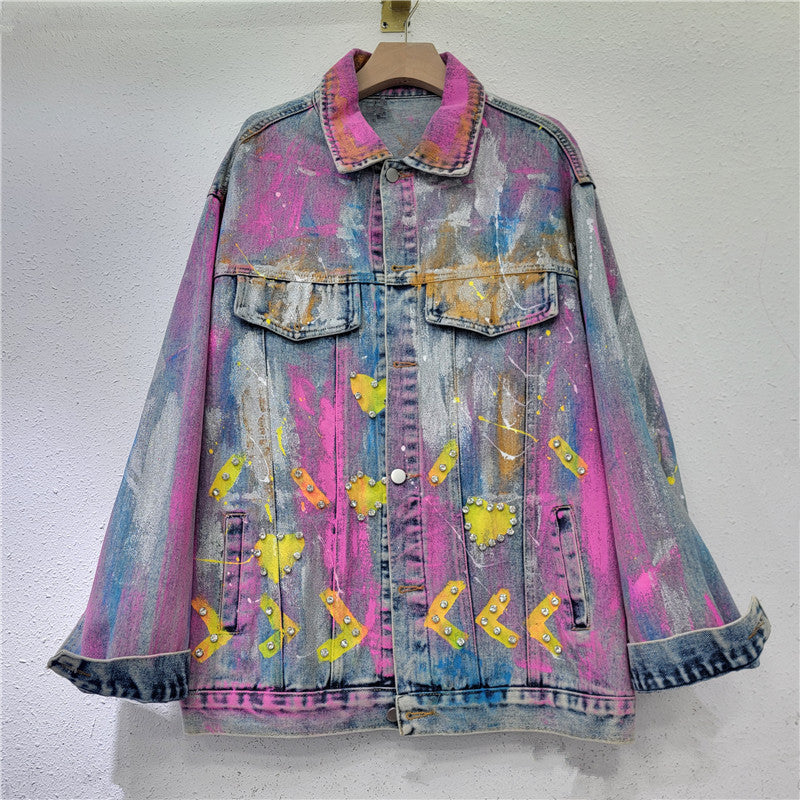 Colorful Heart Shaped Graffiti Hand Drawn Denim Jacket