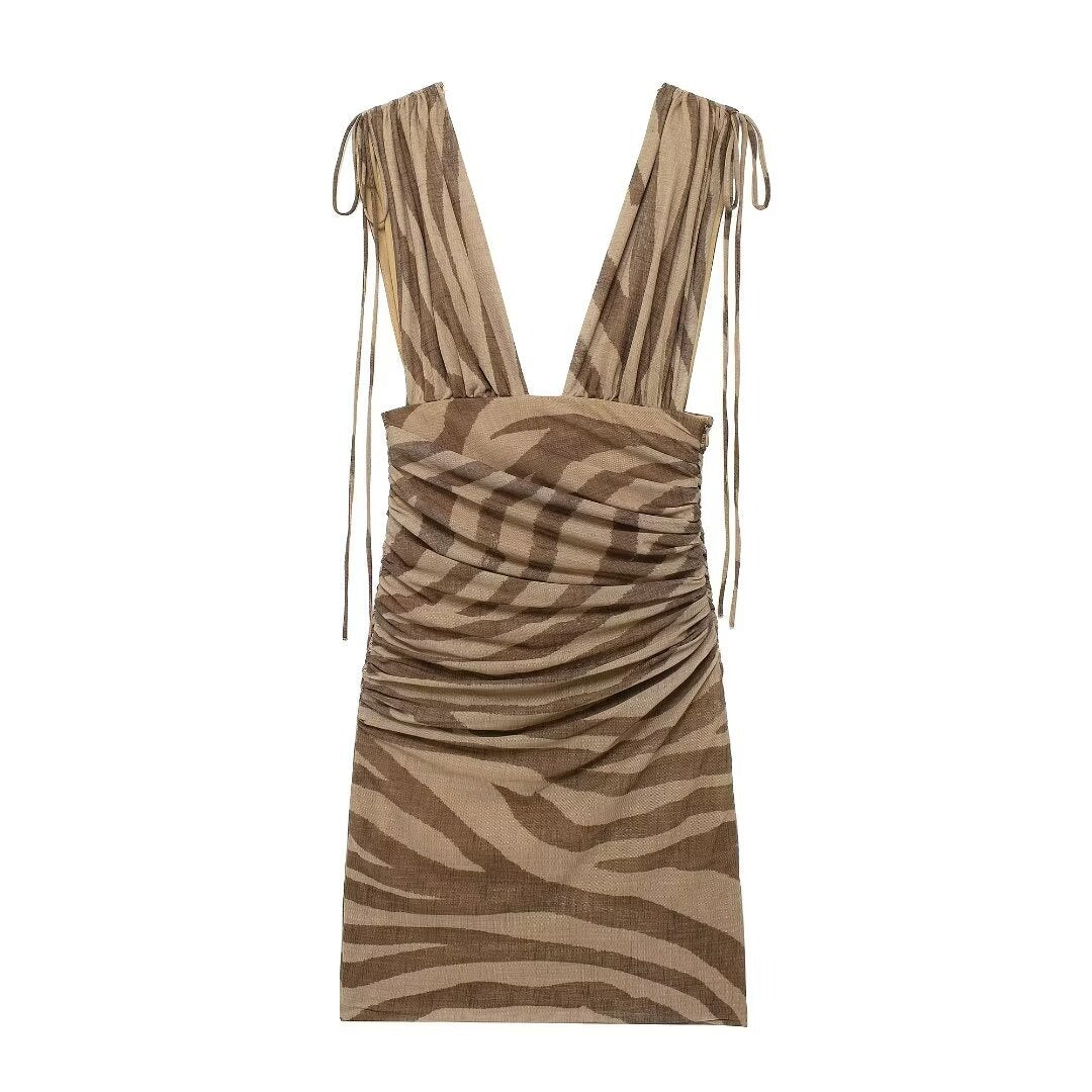 Deep V Printed Silk Mesh Dress