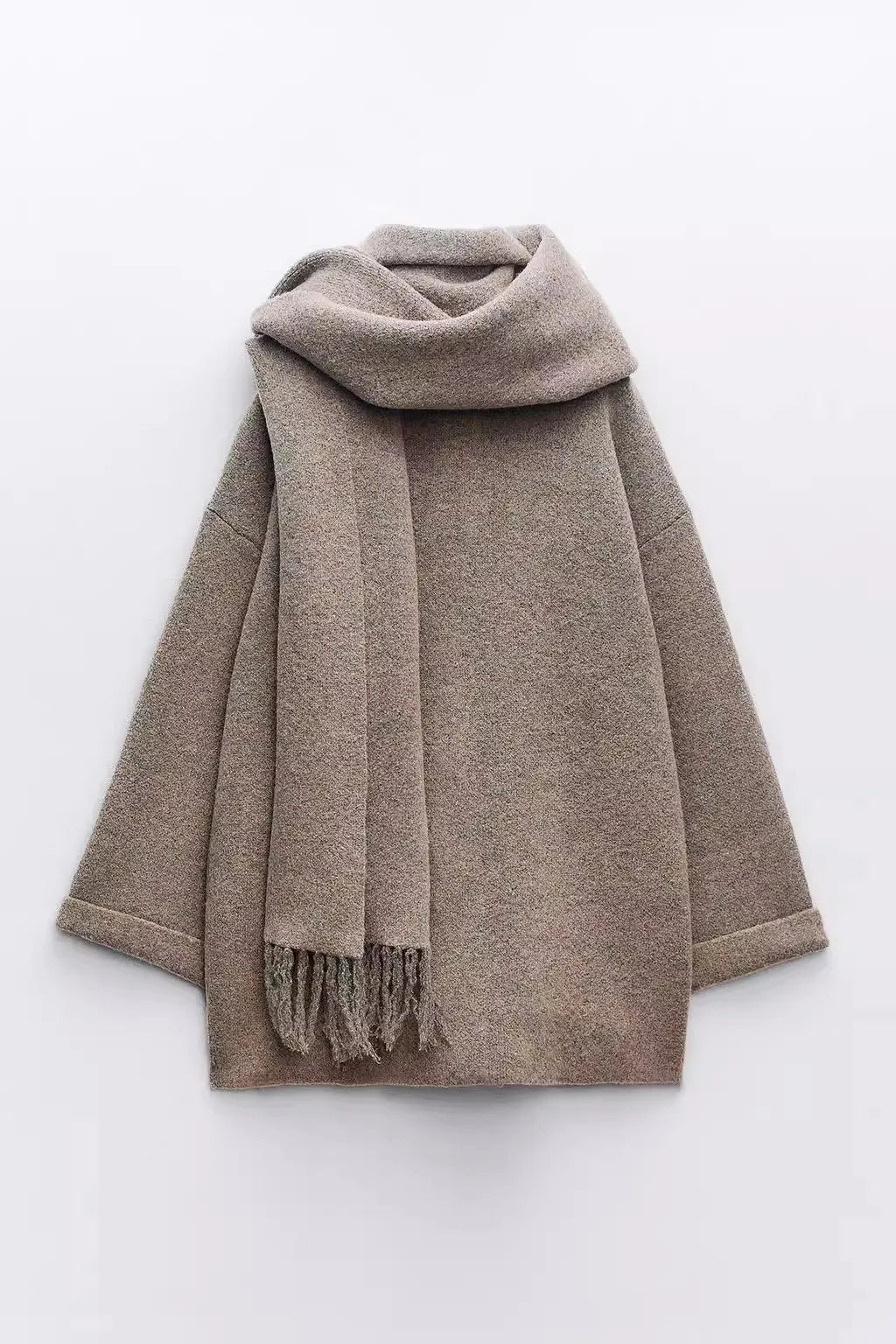 Camel Scarf Fringe Knitted Coat