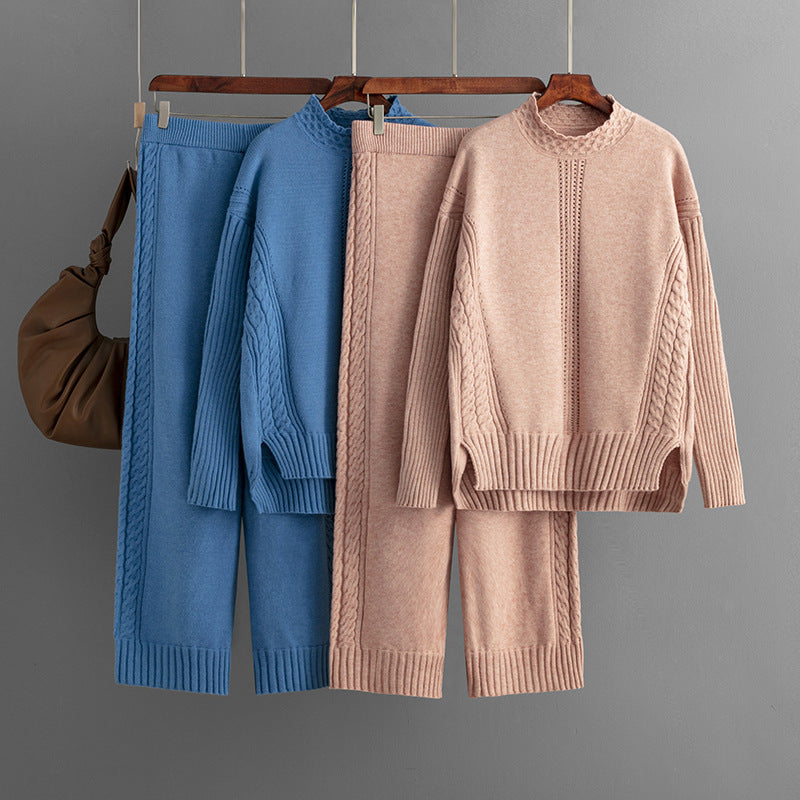 Casual Solid Loose Knit Sweater + Pants Set