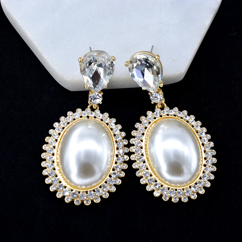 Pre Order:  Big Oval Pearl Crystal Long Drop Earrings