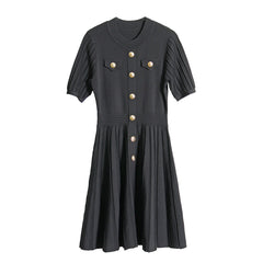 Solid Round Neck Gold Button A-Line Knitted Dress