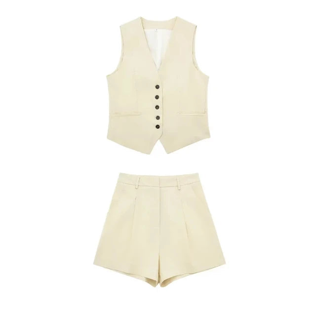 Solid Button Sleeveless Linen Vest + Shorts Set