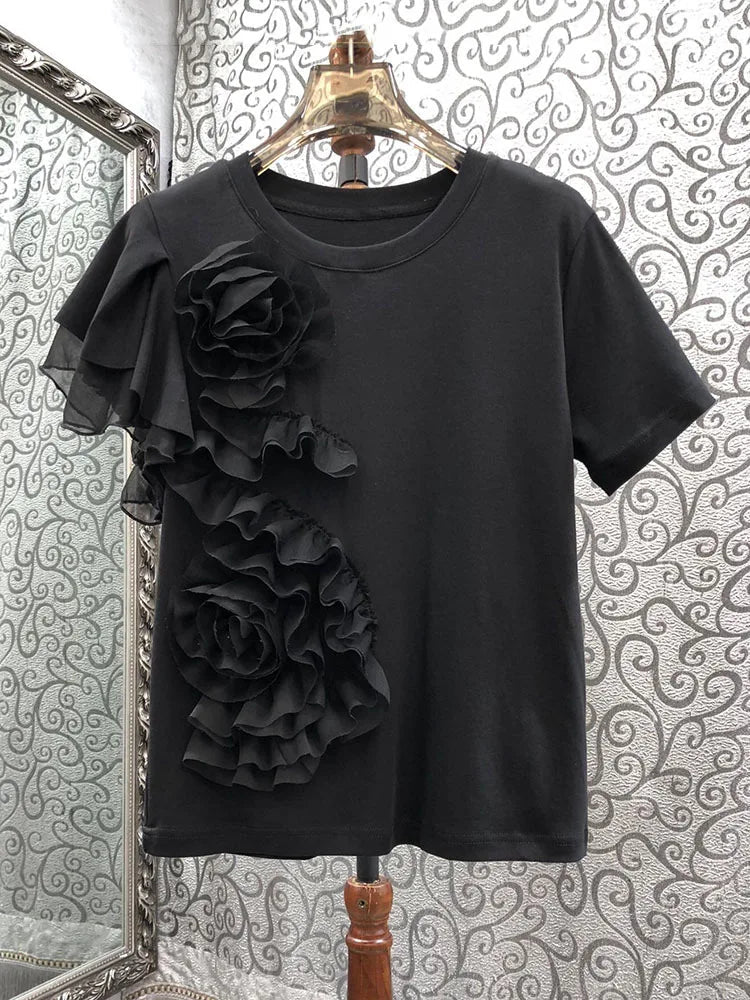 3D Flower Ruffled Edge Short Sleeve T-Shirt