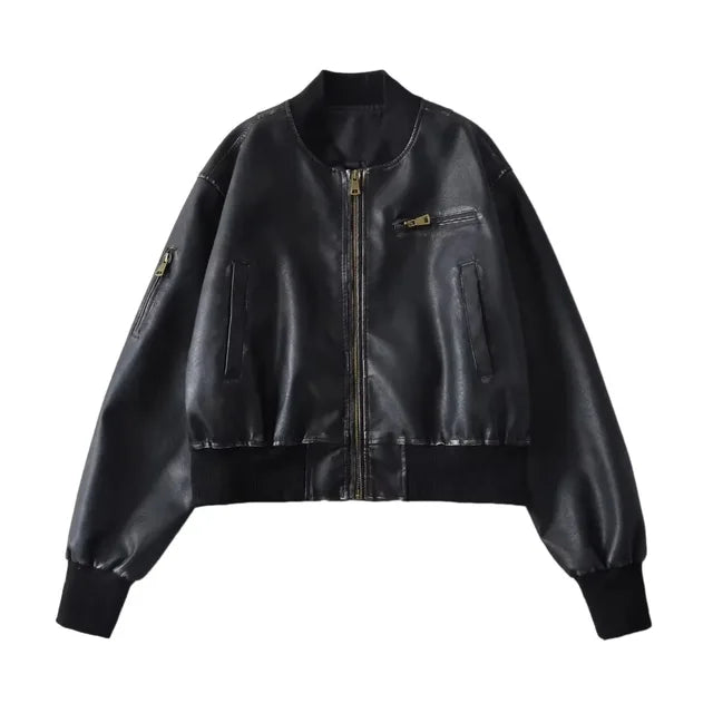 PU Leather Zip Up Bomber Jacket