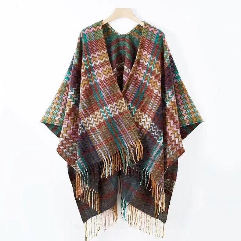 Colorful Wave Striped Thick Tassel Split Cape