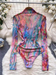 Colorful Turtleneck Tight Mesh Jumpsuit