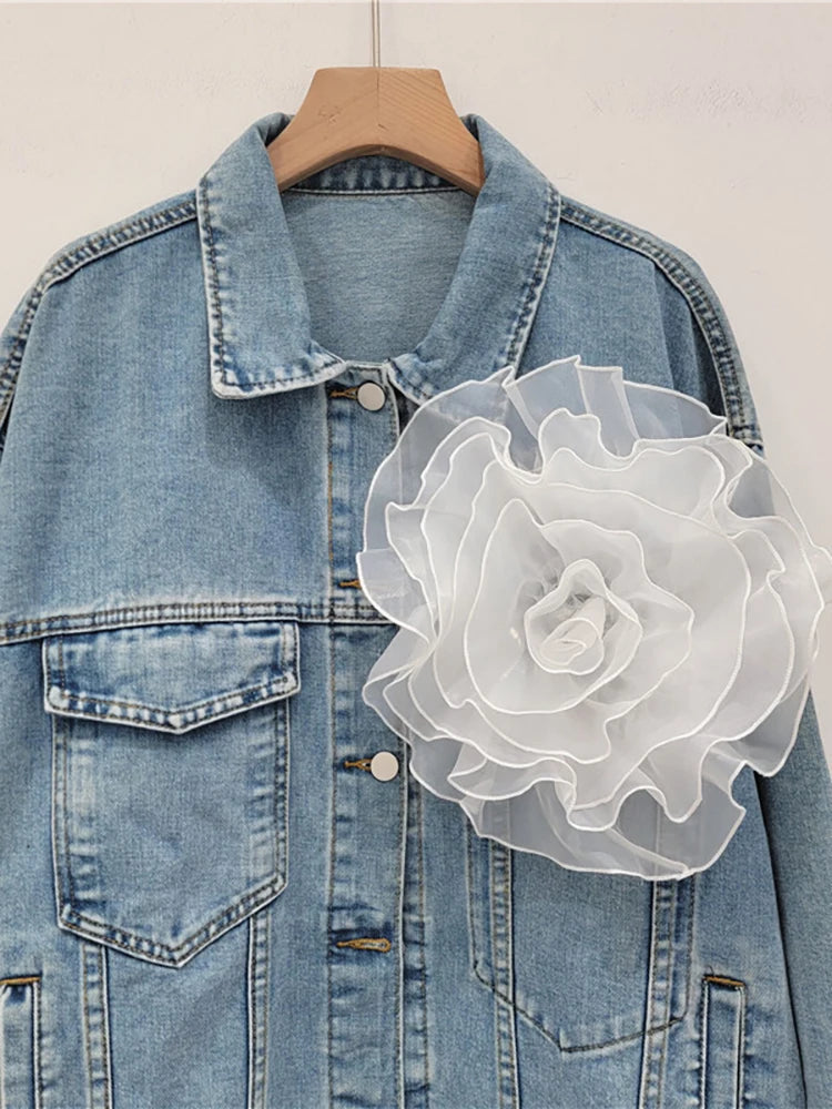 Spliced 3D Flower Long Sleeve Blue Denim Jacket