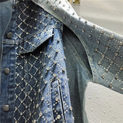 Patchwork Hot Drilling Diamond Retro Washed Denim Jacket