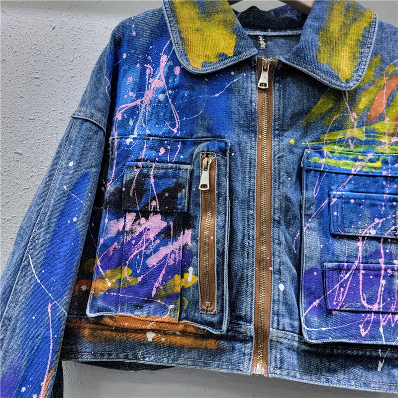 Hand Drawn Graffiti Denim Loose Short Jacket