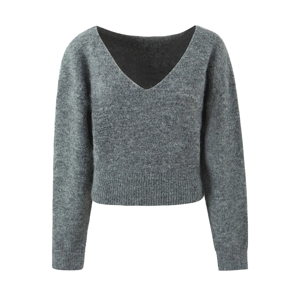 Gray V-Neck Knitted Pullover + Skirt Set