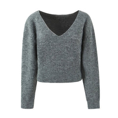 Gray V-Neck Knitted Pullover + Skirt Set
