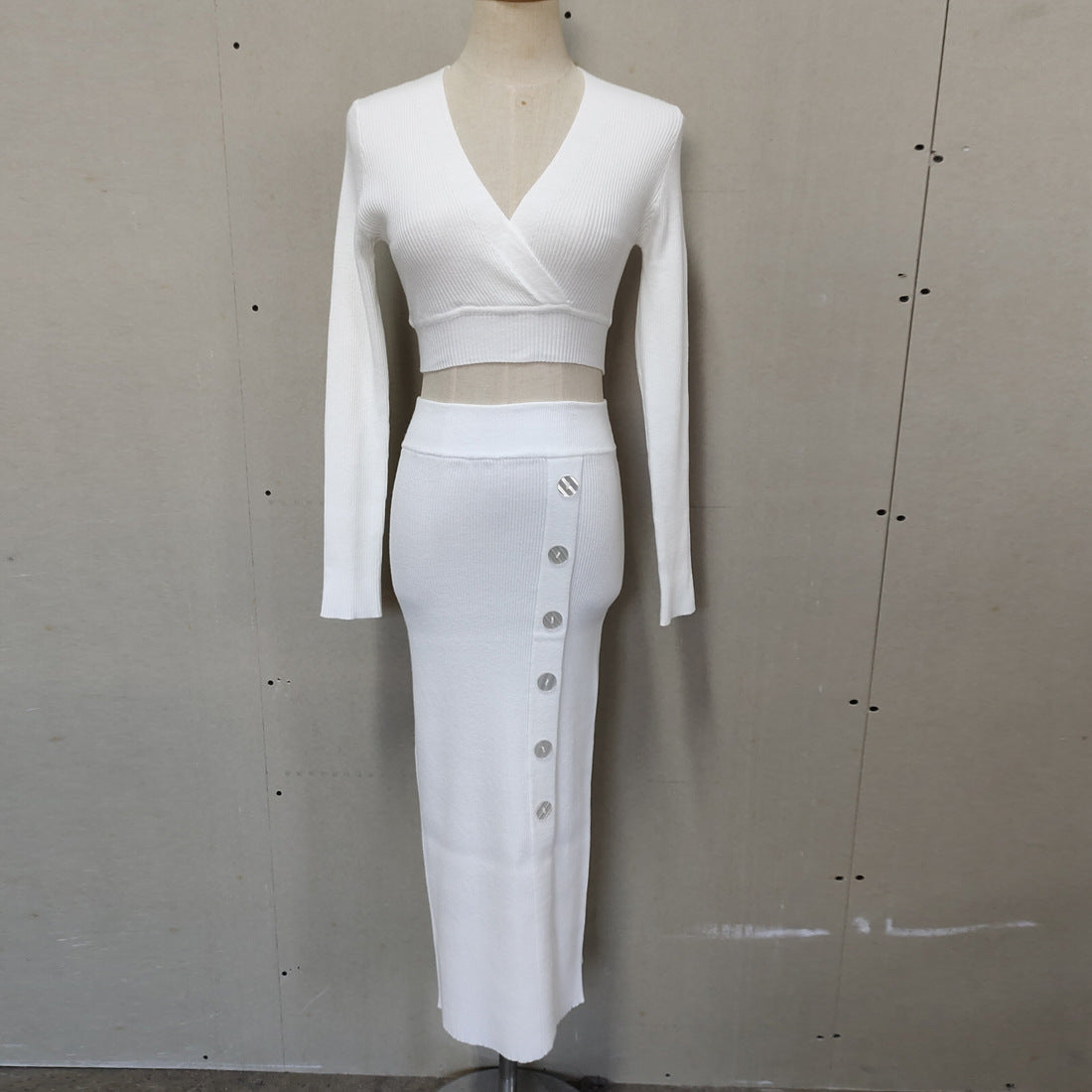 Long Sleeved V-Neck Cropped Top + Button Split Skirt Set