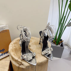 Straight Line Strap Rhinestone Stiletto Sandals