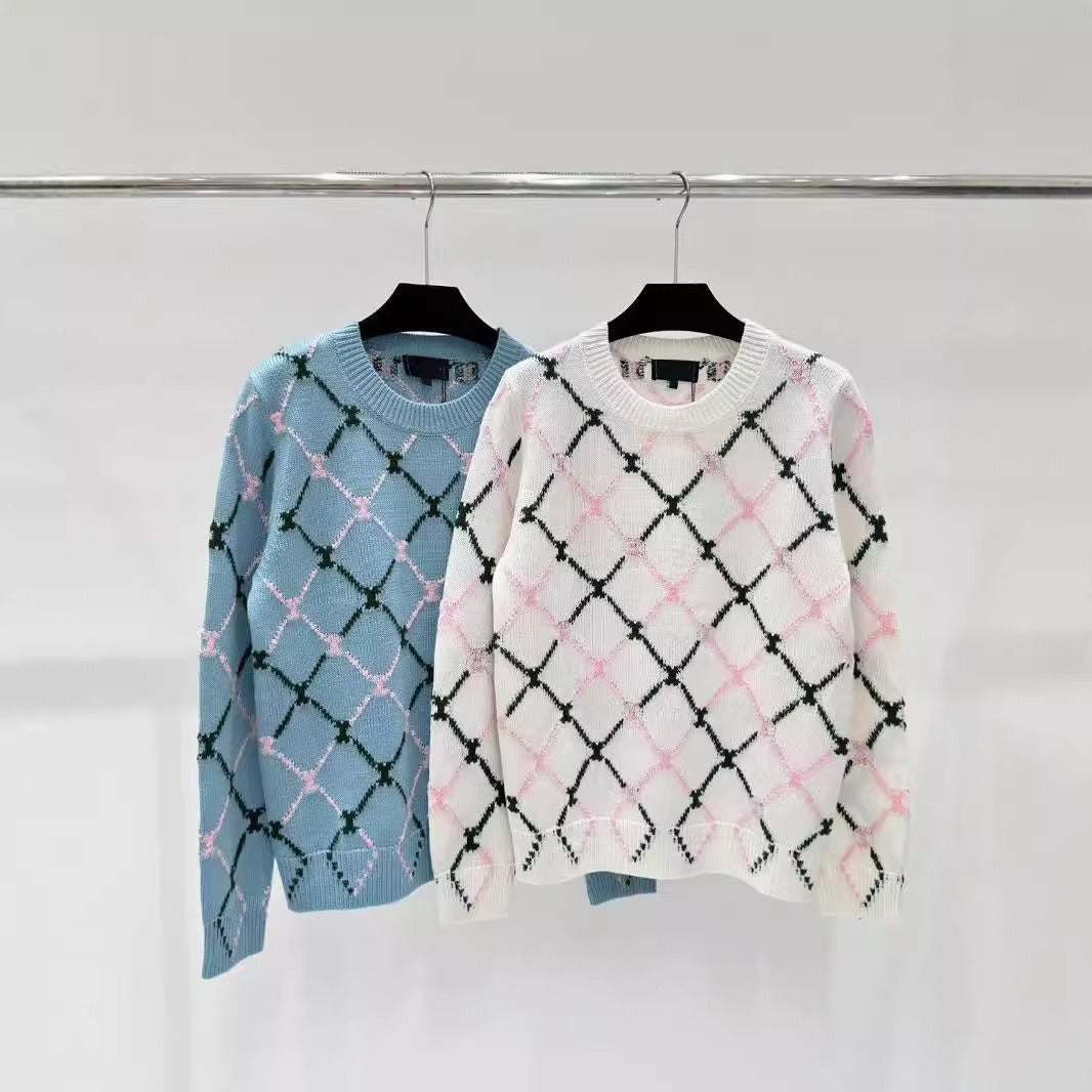 Diamond Grid Jacquard Round Neck Knitted Sweater