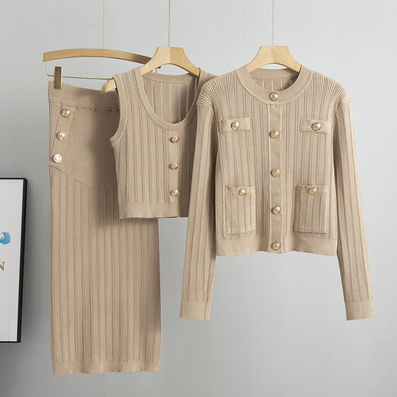 Solid Pleated Cardigan Vest Skirt Knitted Set