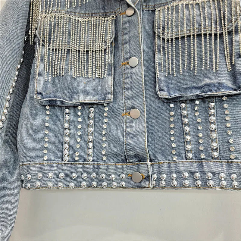 3D Workwear Pocket Rivet Studded Diamond Tassel Denim Jacket