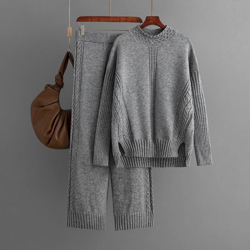 Casual Solid Loose Knit Sweater + Pants Set