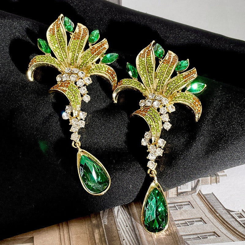 Crystal Green Leaves Water Drop Earrings