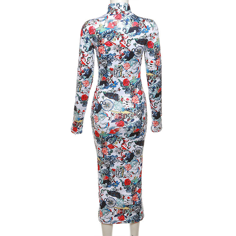 Print Round Neck Slim Fit Midi dress