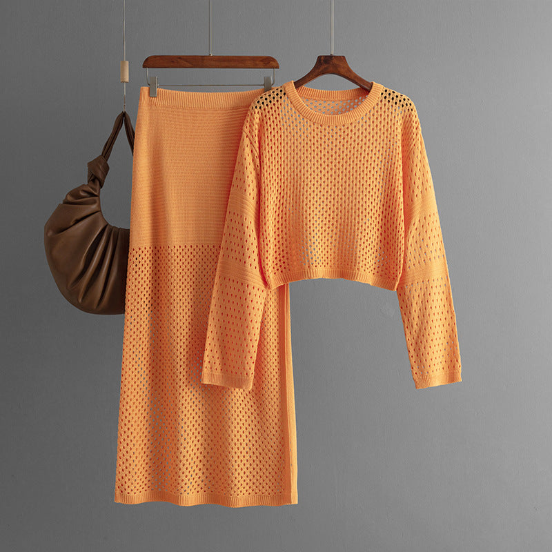 Hollow Knitted Sweater + Knitted Skirt Set