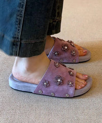 Fine Floral Splicing Purple Suede Slide Sandals Peep Toe