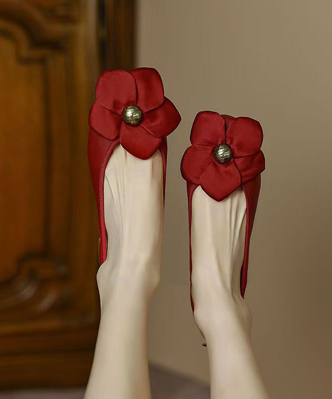 Classy Red Floral Cowhide Leather Soft Splicing Flats