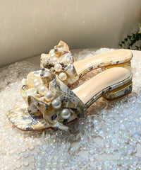 Fashion Ruffled Pearl Chunky Slide Sandals Peep Toe