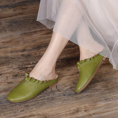 Women Vintage Leather Ruffle Trim Casual Slippers