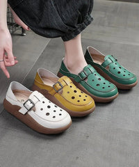 Green Cowhide Leather New Hollow Out Flat Shoes