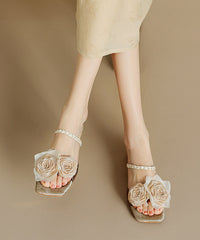 Brown Cowhide Leather Floral Splicing Chic Slide Sandals Peep Toe