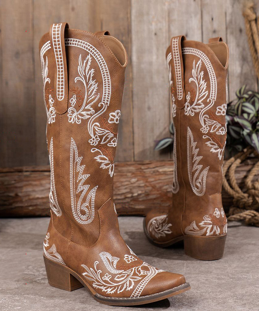 Boho Brown Embossed Solid Faux Leather Chunky Chunky Boots